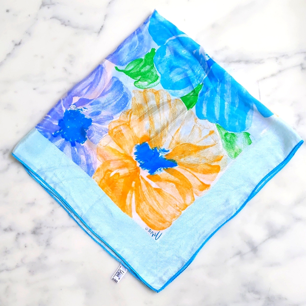 Vintage Vera Neumann all silk scarf with blue and orange watercolor floral print